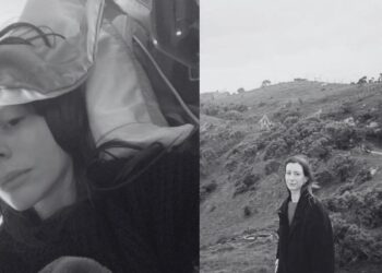 Grayscale image. Left: Rhiannon after severe ME/CFS hit, lying in bed with her ear defenders, and a hospital screen monitor beside her. Right: Rhiannon standing in a coat on a hill amidst pockets of shrubbery New Zealand