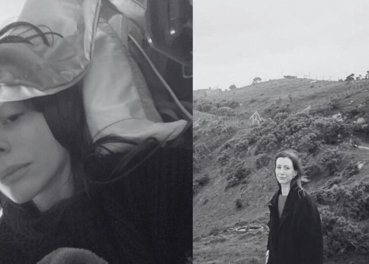 Grayscale image. Left: Rhiannon after severe ME/CFS hit, lying in bed with her ear defenders, and a hospital screen monitor beside her. Right: Rhiannon standing in a coat on a hill amidst pockets of shrubbery New Zealand
