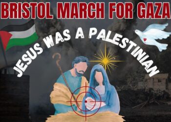 Bristol march for Gaza poster. Text reads: Jesus was a Palestinian. Palestine flag, a dove, and a Mary, Joseph, and Jesus nativity scene illustration, with a gun target over them.