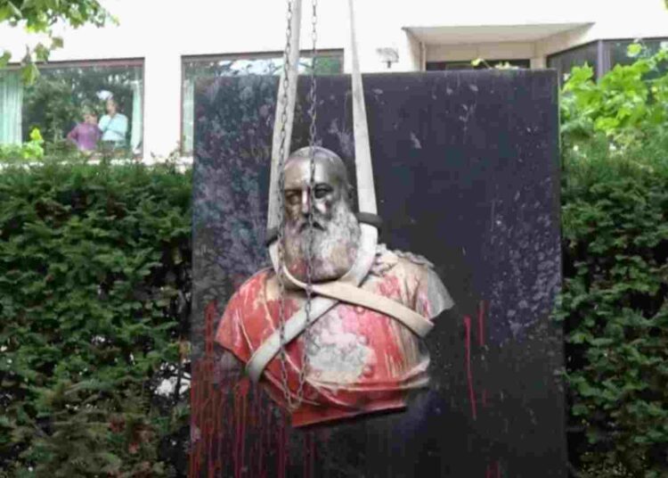 Belgium former king Leopold II has a bust that protesters have thrown blood at