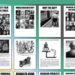 A selection of pages from DARK's zines including the front pages of: Top left: 'Disability film analysis tools'. Top middle: 'Wheelchair history', and 'Why the gap?' Top right: 'Disabled communists and anarchists'. Each one has a thumbnail of a page from it beneath, with images of a still from the 1932 film Freaks, an illustration and picture of Stephan Farffler's gear driven wheelchair, a level boarding diagram showing the 73 by 91.5cm width and height gap at a train platform, and a photo of Russian anarchist Peter Kropotkin. Bottom left: front page of 'Disabled radicals' Middle: 'Disabled gods' and 'Disabled feminists'. Bottom right: 'Disabled communists and anarchists vol.2' Disability Action Research Kollective