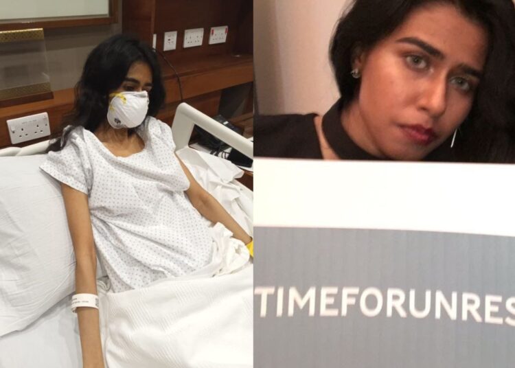 Left: Nevra in a hospital bed wearing a mask. Right: Nevra holding a placard that reads #TimeForUnrest Severe ME/CFS