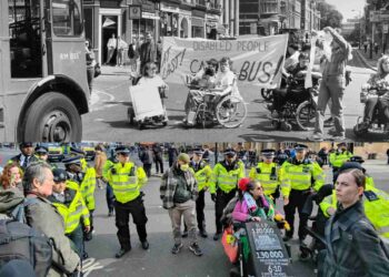 Two pictures, one of disabled people protesting by blocking traffic in the 1990s. and a similar scene from 2024