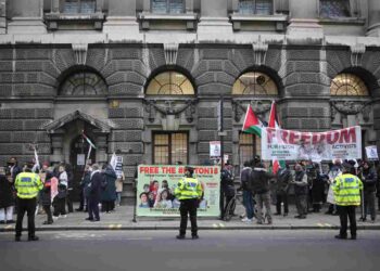 People rally at the Old Bailey in support of the Palestine Action Filton 18