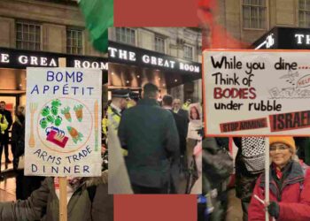 John Healey was at the ADS arms industry dinner - and so were protesters
