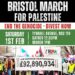 Bristol March for Palestine in white text on a bold black background. "End the genocide - divest now" in red against black. "Saturday 1st Feb: Tyndall Avenue, gather 12.30pm, march 1pm. Protesters gathered together holding a large banner with "UoB defence partnerships £92,890,934" written across it.