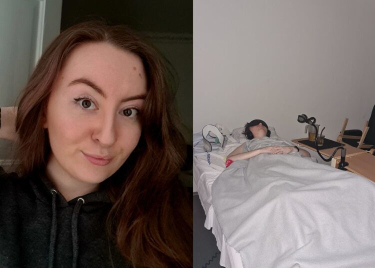 Left: portrait picture of Line smiling and well. Right: Line laying in bed, wearing ear defenders, an eye mask, and her neck brace next to her.