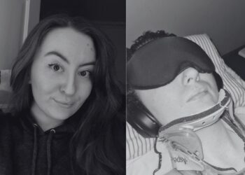 Grayscale pictures of Line. On the left, when pre-ME, smiling. On the right, in bed with ear defenders, an eye mask, and a neck brace severe ME/CFS