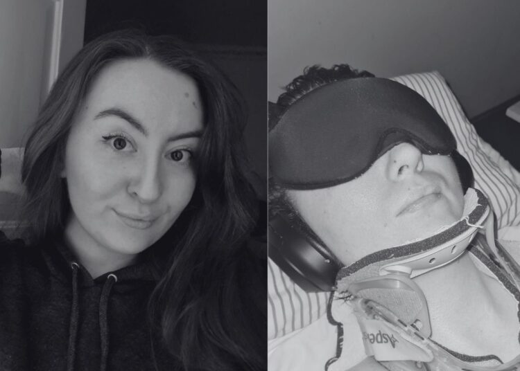 Grayscale pictures of Line. On the left, when pre-ME, smiling. On the right, in bed with ear defenders, an eye mask, and a neck brace severe ME/CFS