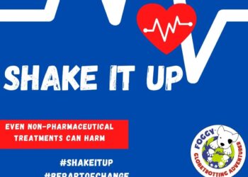 Shake It Up campaign graphic. ECG line across the top in white, with a red heart and ECG line overlaid. In a red box it reads: "Non-pharmaceutical treatments can harm" and white text on blue background reads: "#SHAKEITUP #BEPARTOFCHANGE. ME Foggy Dog logo in the corner ME/CFS