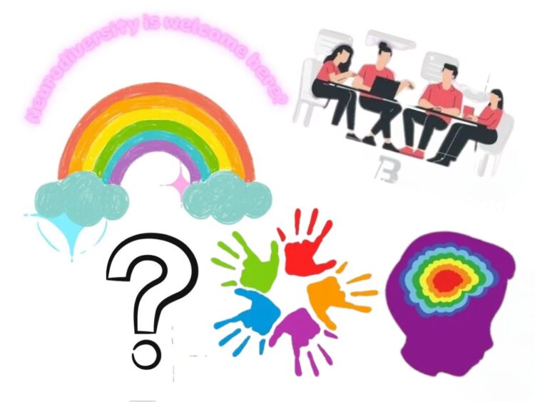 Image with pink bubble text reading: 'Neurodiversity is welcome here?' A rainbow with two clouds, followed by a question mark below, women sat round a desk, five handprints in different colours in a circle facing outwards, and a purple silhouette of a boy with his brain depicted in concentric rainbow colours. autism