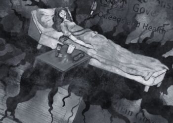 Grayscale image of a woman in bed with an bedside table next to her filled with medications, water, and an IV behind. NDIS form and logo in the background, Queensland government and Australian logos. A black chasm is opening up beneath her and making fissures across the image severe ME/CFS