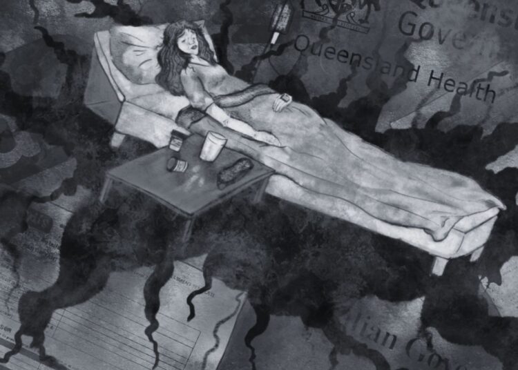 Grayscale image of a woman in bed with an bedside table next to her filled with medications, water, and an IV behind. NDIS form and logo in the background, Queensland government and Australian logos. A black chasm is opening up beneath her and making fissures across the image severe ME/CFS