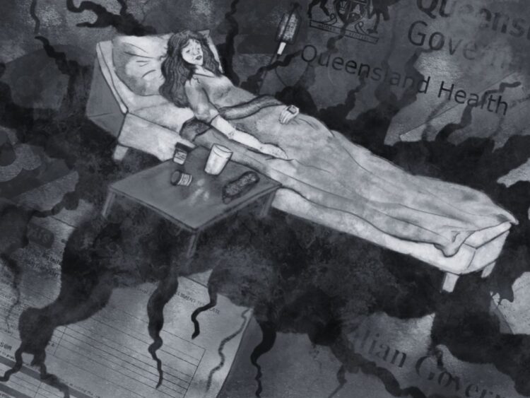Grayscale image of a woman in bed with an bedside table next to her filled with medications, water, and an IV behind. NDIS form and logo in the background, Queensland government and Australian logos. A black chasm is opening up beneath her and making fissures across the image severe ME/CFS