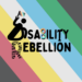 Disability Rebellion logo with the Disabled Pride flag behind. The D is stylised as a wheelchair user, holding a disabled Pride flag, the B the autism infinity symbol, and the R has EDS zebra stripes to signify chronic illness.
