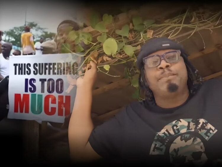 Eeedris Abdulkareem under a greenery wearing a hat, and a T-shirt that reads: THUG LIFE", with a superimposed image of Nigerian protesters carrying a placard reading: "This suffering is too much" to the left of the image.