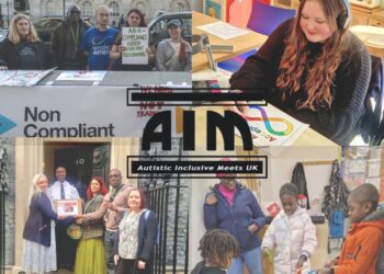 Autistic Inclusive Meets (AIM) logo over four images. Top Left: campaigners stand behind a table protesting ABA therapy at Ambitious About Autism's fundraising event in London. Bottom left: Four members of AIM's staff stand outside Number 10 with a guard accepting a petition. Top right: Young white girl with long hair and headphones on colours in the rainbow autism infinity symbol. Bottom right: Three black kids play together with a sensory table with a their mum watching over.