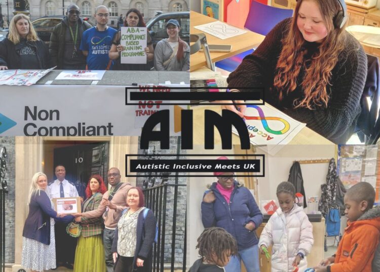 Autistic Inclusive Meets (AIM) logo over four images. Top Left: campaigners stand behind a table protesting ABA therapy at Ambitious About Autism's fundraising event in London. Bottom left: Four members of AIM's staff stand outside Number 10 with a guard accepting a petition. Top right: Young white girl with long hair and headphones on colours in the rainbow autism infinity symbol. Bottom right: Three black kids play together with a sensory table with a their mum watching over.