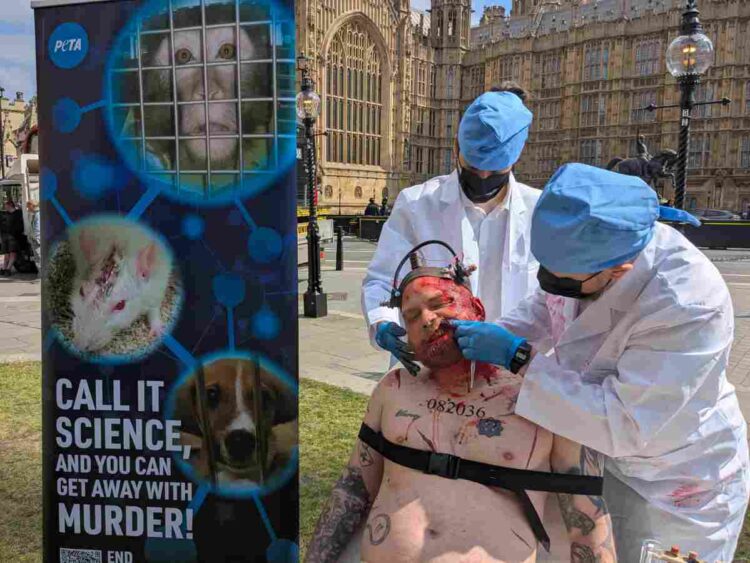 PETA performs stunt outside parliament over animal experiments