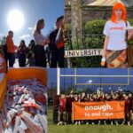 Left: Orange 'Enough' wheelbarrow with self-testing rape deterrent kits and people standing behind. Right top: Two students, one with bright orange hair, wearing Enough T-shirts next to the University street sign. Bottom right: Large group of male student football players stand holding an orange banner reading: Enough to end rape. Bristol