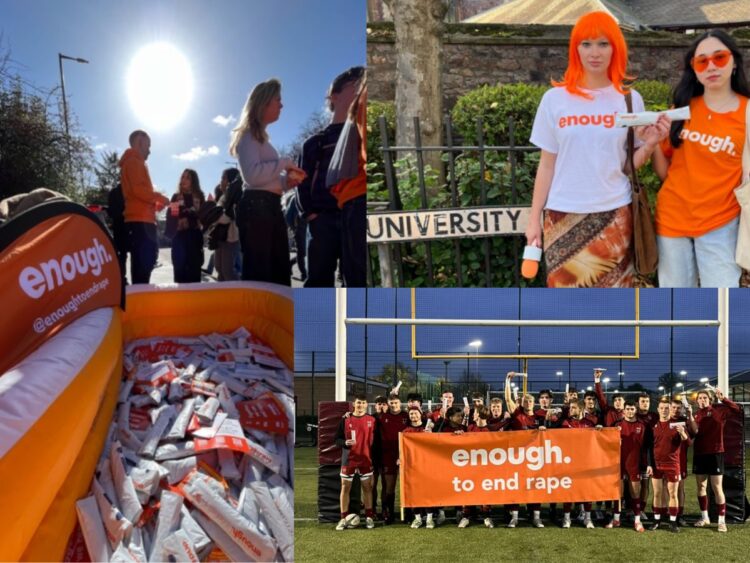 Left: Orange 'Enough' wheelbarrow with self-testing rape deterrent kits and people standing behind. Right top: Two students, one with bright orange hair, wearing Enough T-shirts next to the University street sign. Bottom right: Large group of male student football players stand holding an orange banner reading: Enough to end rape. Bristol