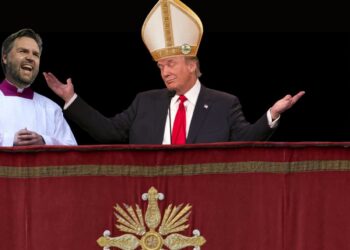 Smug Trump standing at the Vatican wearing the Pope's hat, with Vance behind laughing in Catholic priest robes.