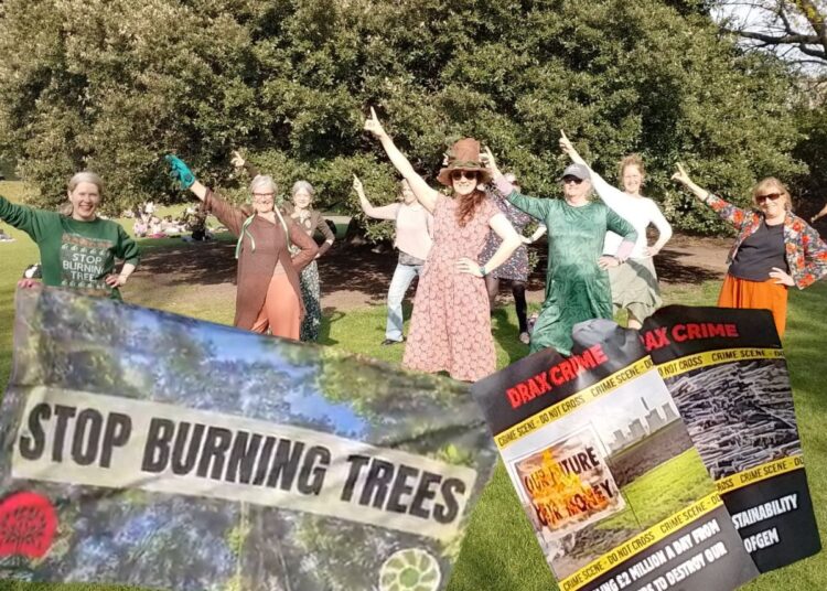 Nine women strike a pose while dancing on the grass, with trees behind, in Princes Street Gardens, Edinburgh. Stop burning trees banner and Drax crime posters superimposed over the top Drax AGM