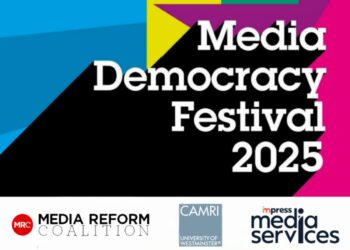 Media Democracy Festival 2025 logo, Media Reform Coalition logo, CAMRI University of Westminster logo, and Impress Media Services logo, with colourful block-art behind.