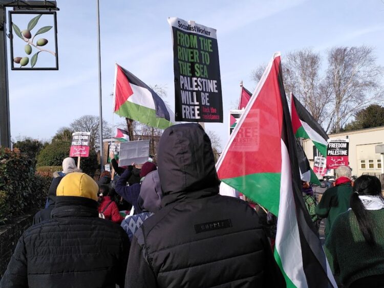 Procession of protesters in Wimborne holding placards reading "From the river to the sea, Palestine will be free" and flags. An olive branch from a local pub sign hangs out from the left of the frame, over the heads of the protesters RCV Engines Dorset