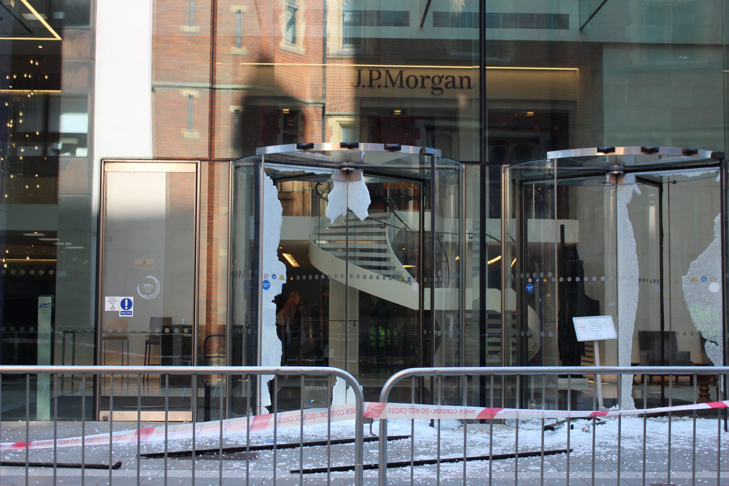 JP Morgan front doors completely shattered with glass everywhere. 