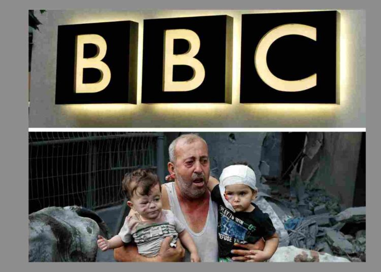 The BBC logo and a family in the rubble of Gaza
