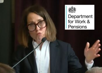 Liz Kendall speaking at a podium. DWP logo.