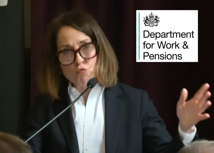 Liz Kendall speaking at a podium. DWP logo.