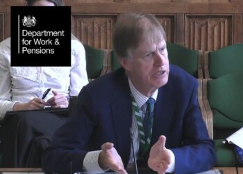 Labour DWP minister Stephen Timms speaks at a committee session. DWP logo.