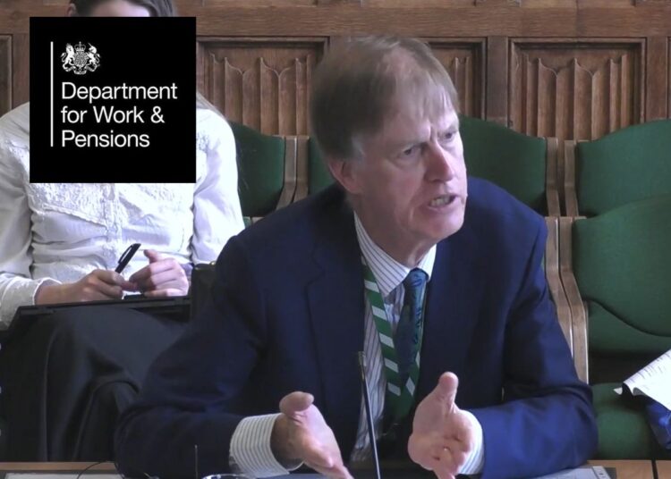 Labour DWP minister Stephen Timms speaks at a committee session. DWP logo.