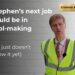 Stephen Timms in high-vis vest. A white-grey wall behind him with a gold plaque reading 'Starmer & Sons' and text in white saying: Stephen's next job could be in tool-making (he just doesn't know it yet) DWP