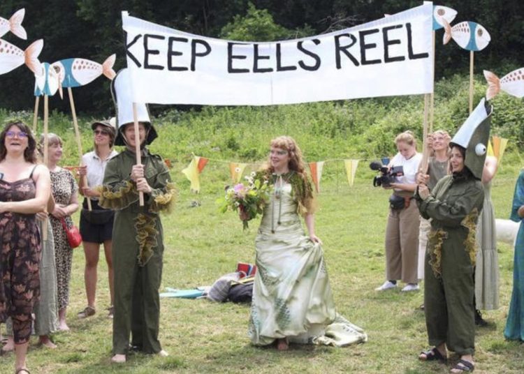 Activists hold a wedding ceremony, with fish-shaped placards, eel costumes, and a banner that reads "Keeps eels reel" World Water Weddings