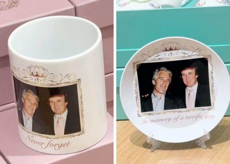 A commemorative cup and plate which have the same image of Donald Trump and Jeffry Epstein Windsor Castle
