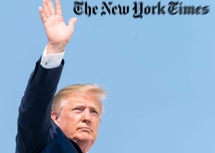Donald Trump and a blurry New York Times logo, critics