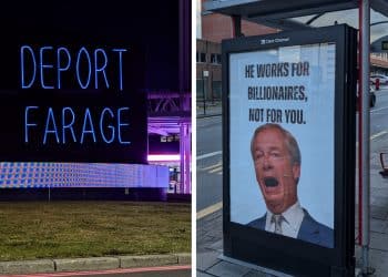 First image shows a light projection of the phrase 'Deprt Farage' and a bus advert saying that Farage works for billionaires Reform Conference