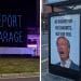 First image shows a light projection of the phrase 'Deprt Farage' and a bus advert saying that Farage works for billionaires Reform Conference