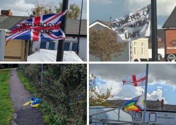 Images of various UK flags with positive messages on, an LGBTQ+ flag, a pro-union flag, and a Ukraine flag on the floor