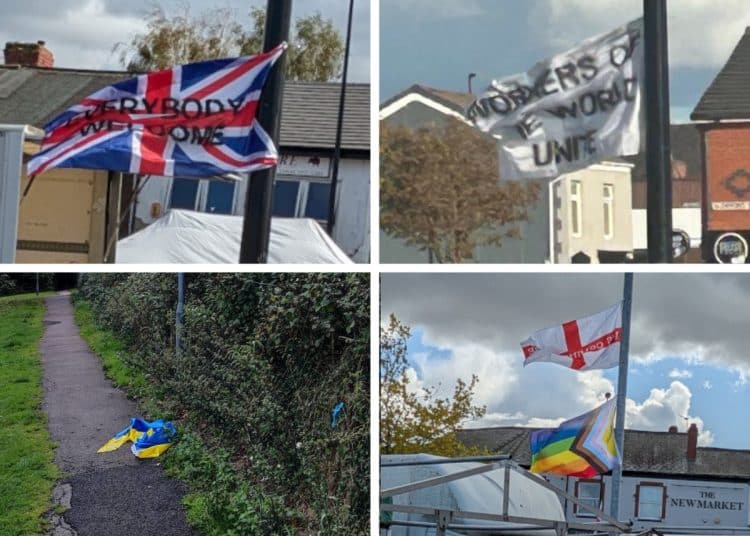 Images of various UK flags with positive messages on, an LGBTQ+ flag, a pro-union flag, and a Ukraine flag on the floor