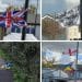 Images of various UK flags with positive messages on, an LGBTQ+ flag, a pro-union flag, and a Ukraine flag on the floor