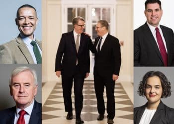 Individual images of Clive Lewis, Richard Burgon, Nadia Whittome, and John McDonnell, in addition to an image of Starmer and Peter Mandelson laughing together