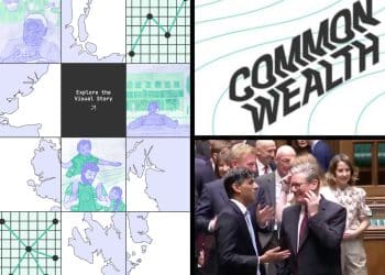 Keir Starmer and Rishi Sunak laughing, as well as visualisations from the group Common Wealth