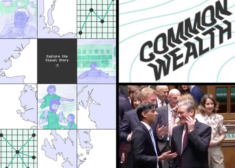 Keir Starmer and Rishi Sunak laughing, as well as visualisations from the group Common Wealth