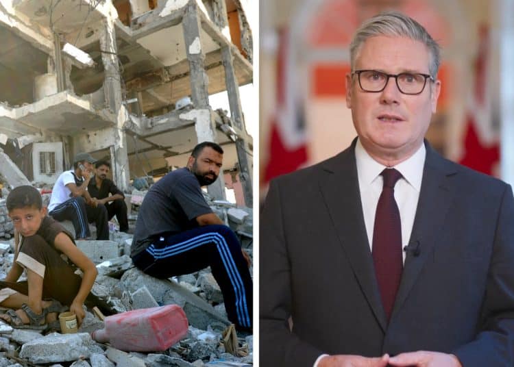 Palestinians sitting in the rubble of a tower block and Keir Starmer announcing acknowledgement of Palestinian statehood