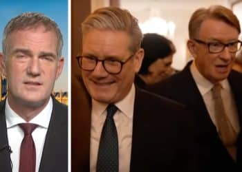 Peter Kyle looking confused and Keir Starmer and Peter Mandelson looking happy