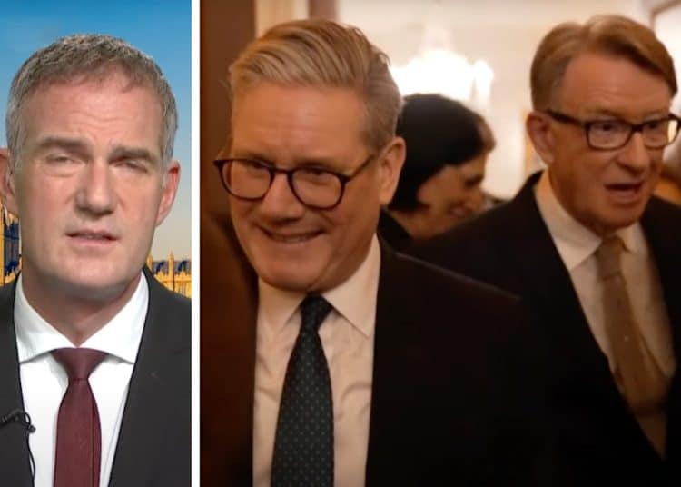 Peter Kyle looking confused and Keir Starmer and Peter Mandelson looking happy